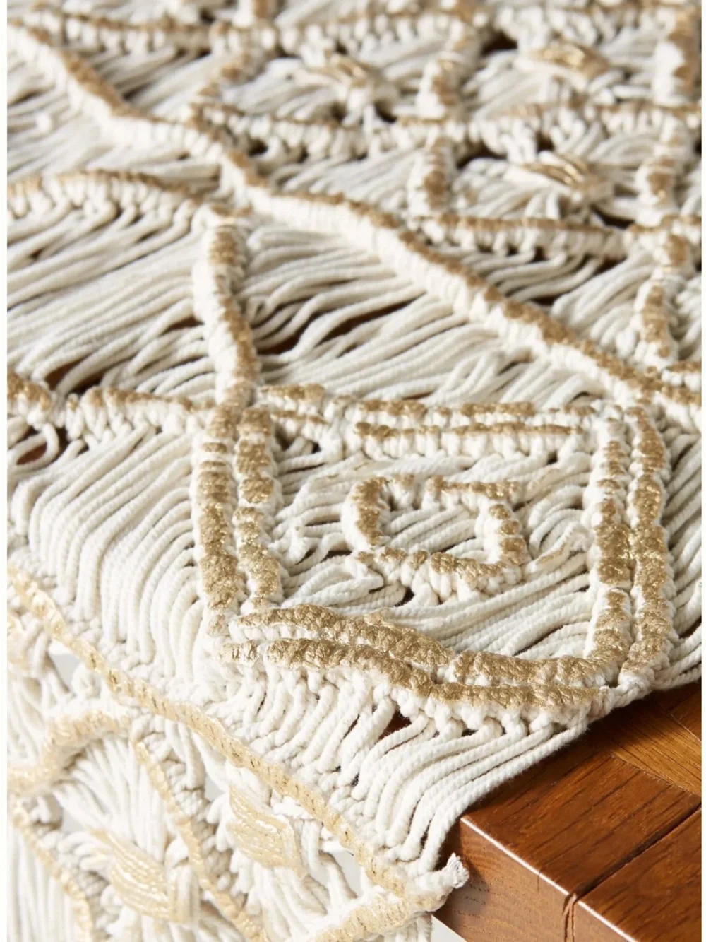 Anthropologie Cream Macramé Table Runner with Gold Accents